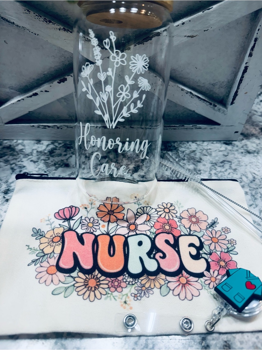 Honoring Care Clear Glass Bottle with Floral 'NURSE' Pouch - Pink Floral